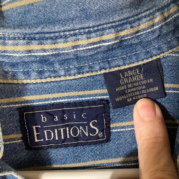 Mens Vintage Basic Editions Striped Denim Button Shirt Short Sleeve Blue Tan L - Picture 6 of 6